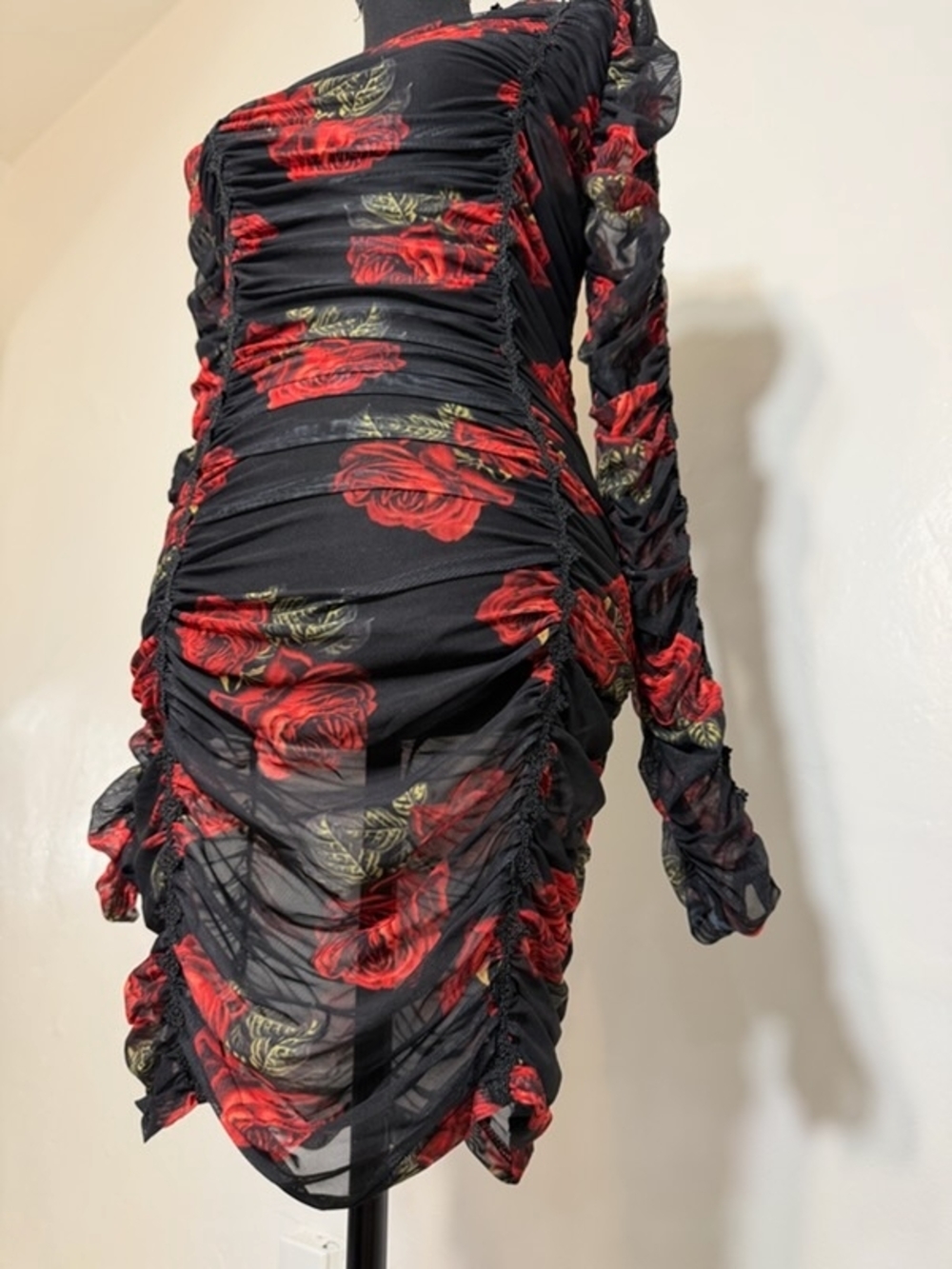 Sheer Ruched Mesh Rose Print Bodycon Dress – Stretch